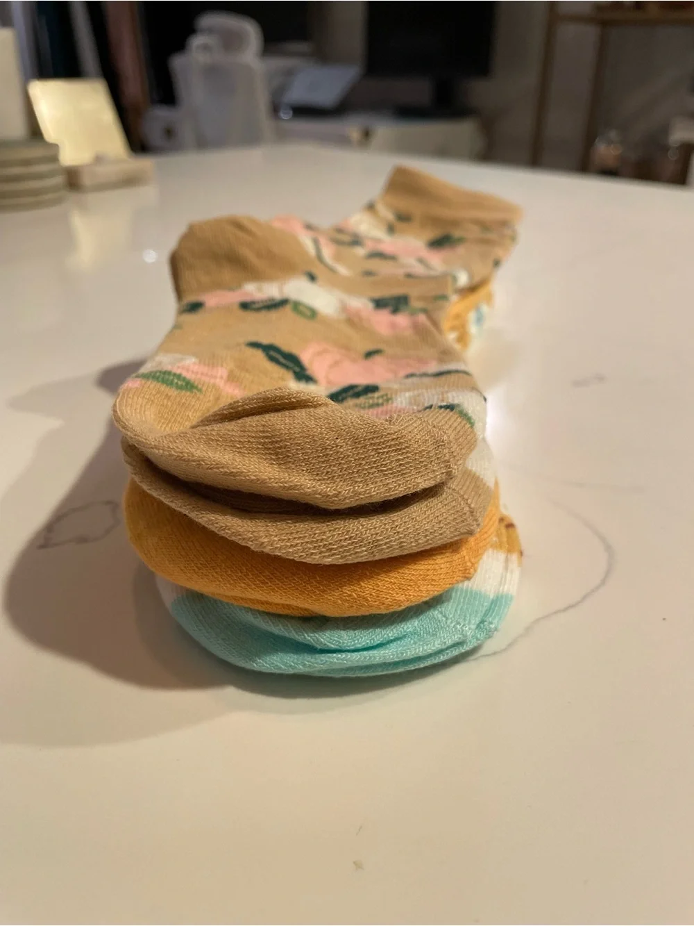 Floral & Pumpkin Pattern Crew Socks - Pack of 3, Yellow/Beige/White